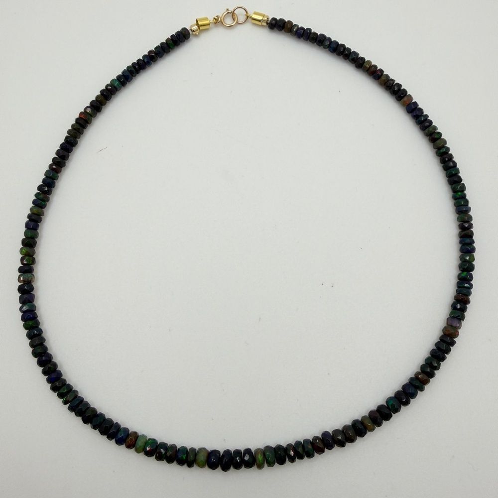 ~16"  faceted, rondelle Ethiopian‎ BLACK fire opal necklace w/ 14kt YG clasp!